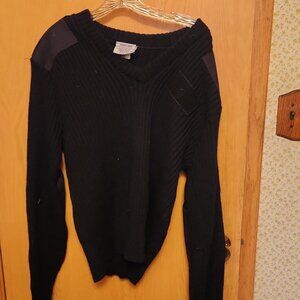 Men's Military Black V neck sweater. 100% wool. Size Large by Schar & Breit.